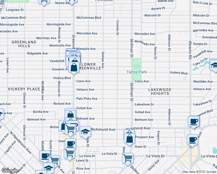 map of restaurants, bars, coffee shops, grocery stores, and more near 5918 Llano Avenue in Dallas