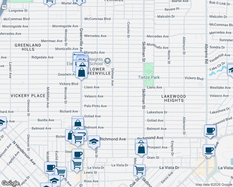 map of restaurants, bars, coffee shops, grocery stores, and more near 5918 Llano Avenue in Dallas