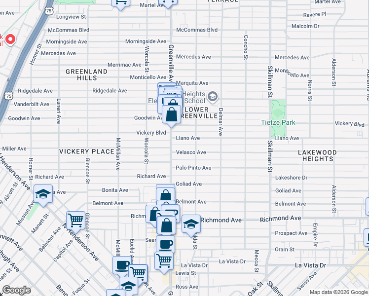 map of restaurants, bars, coffee shops, grocery stores, and more near 5715 Velasco Avenue in Dallas