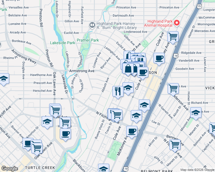 map of restaurants, bars, coffee shops, grocery stores, and more near 3604 Cragmont Avenue in Dallas