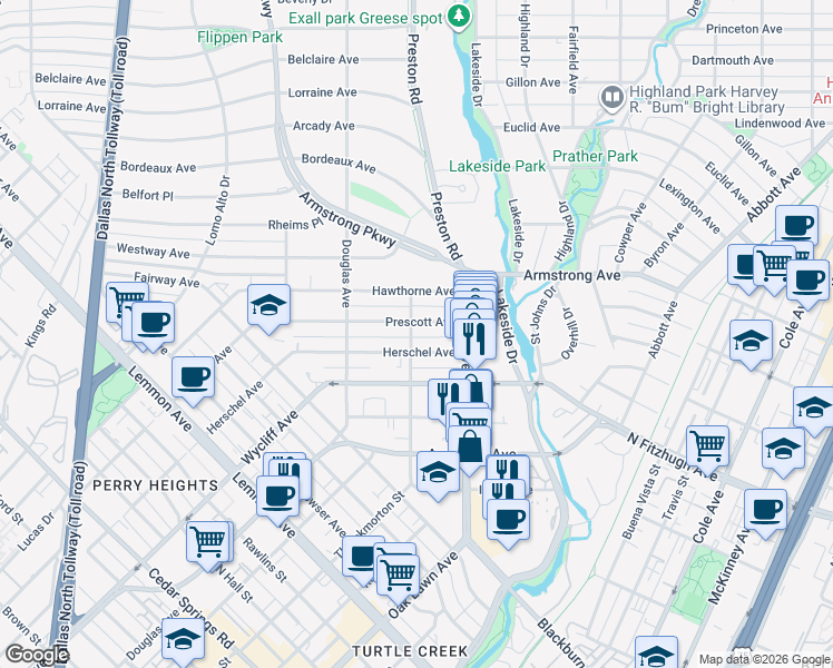 map of restaurants, bars, coffee shops, grocery stores, and more near 4206 Prescott Avenue in Dallas