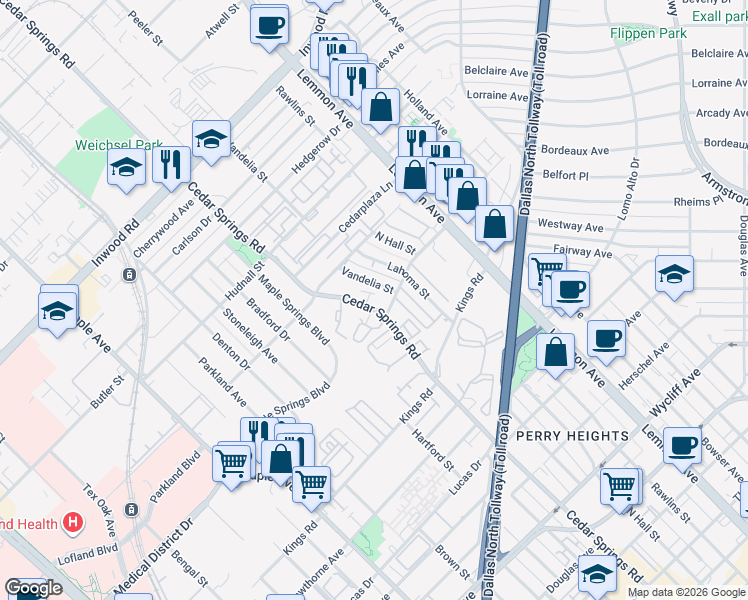map of restaurants, bars, coffee shops, grocery stores, and more near 5128 Cedar Springs Road in Dallas