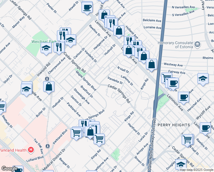 map of restaurants, bars, coffee shops, grocery stores, and more near 5128 Cedar Springs Road in Dallas