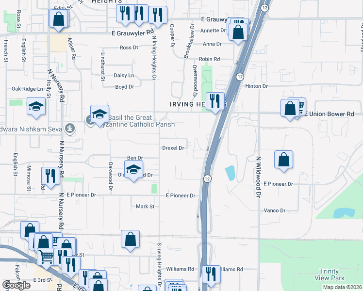 map of restaurants, bars, coffee shops, grocery stores, and more near 1624 Daywood Lane in Irving