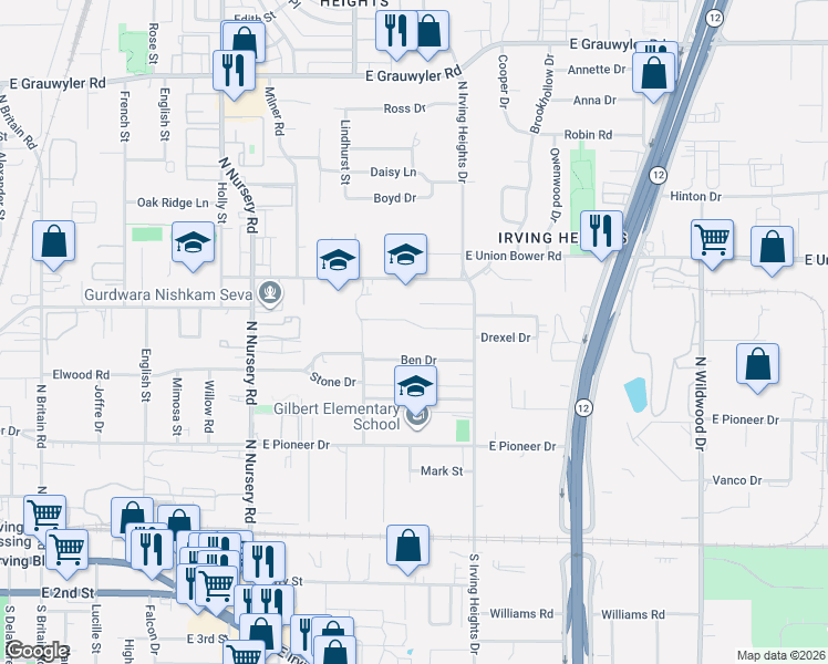 map of restaurants, bars, coffee shops, grocery stores, and more near 1400 Drexel Drive in Irving