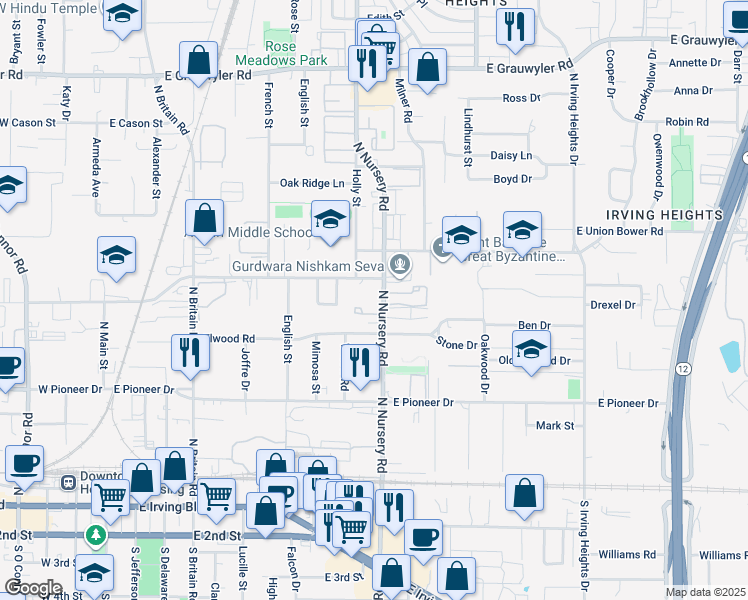 map of restaurants, bars, coffee shops, grocery stores, and more near 809 North Nursery Road in Irving