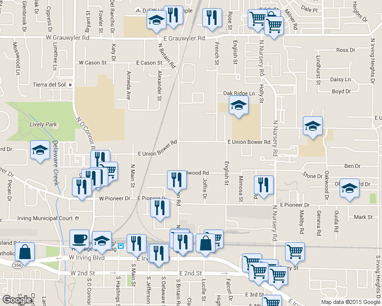map of restaurants, bars, coffee shops, grocery stores, and more near 820 North Britain Road in Irving