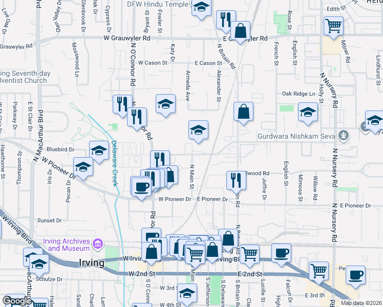 map of restaurants, bars, coffee shops, grocery stores, and more near 105 West Union Bower Road in Irving