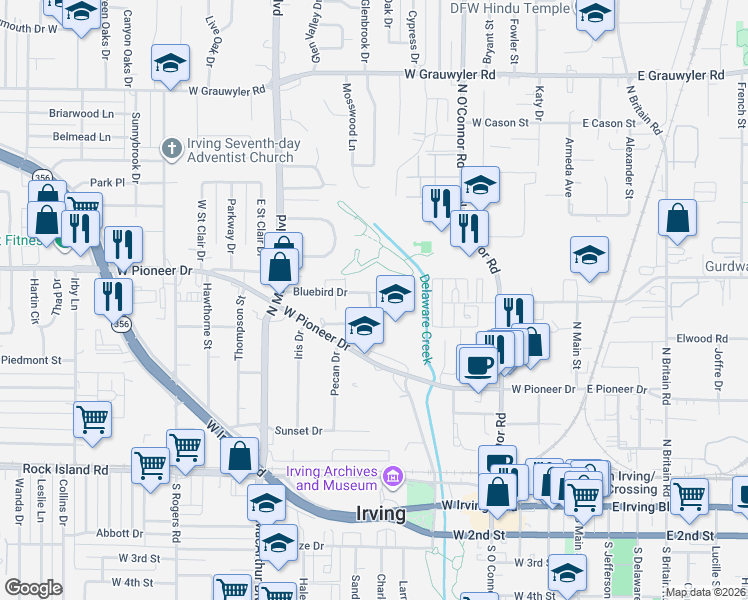 map of restaurants, bars, coffee shops, grocery stores, and more near 808 Bluebird Drive in Irving