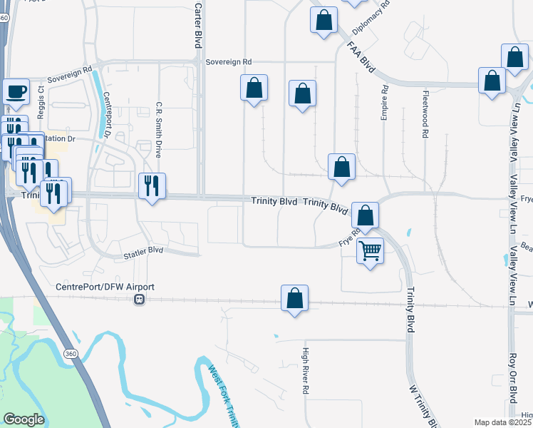 map of restaurants, bars, coffee shops, grocery stores, and more near 14800 Trinity Boulevard in Fort Worth