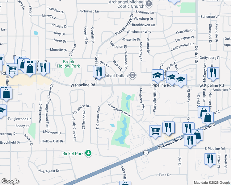 map of restaurants, bars, coffee shops, grocery stores, and more near 2908 West Euless Boulevard in Euless