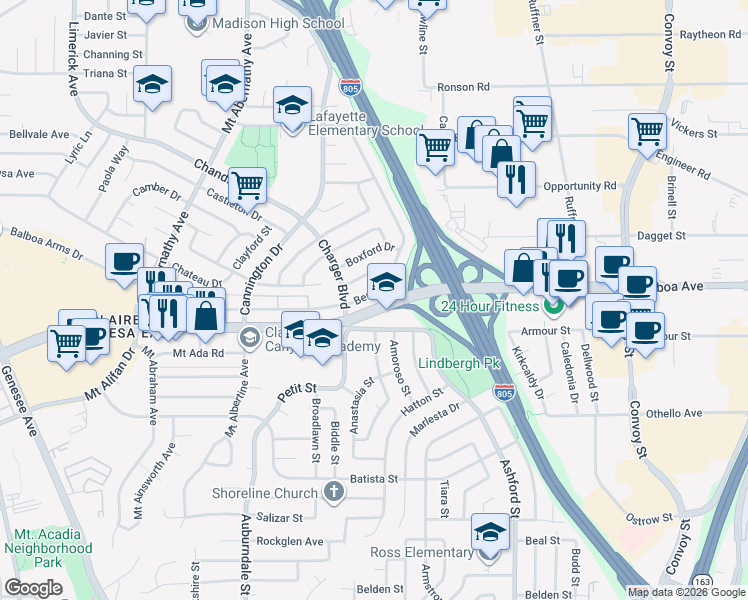 map of restaurants, bars, coffee shops, grocery stores, and more near 4367 Berwick Drive in San Diego