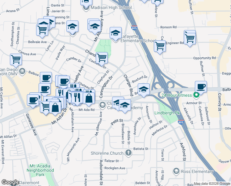 map of restaurants, bars, coffee shops, grocery stores, and more near 6750 Beadnell Way in San Diego