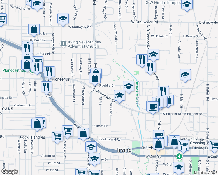 map of restaurants, bars, coffee shops, grocery stores, and more near 926 Bluebird Drive in Irving