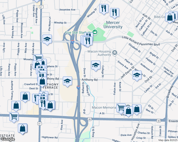 map of restaurants, bars, coffee shops, grocery stores, and more near 2103 Canton Street in Macon