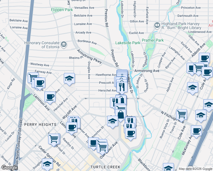 map of restaurants, bars, coffee shops, grocery stores, and more near 4322 Throckmorton Street in Dallas