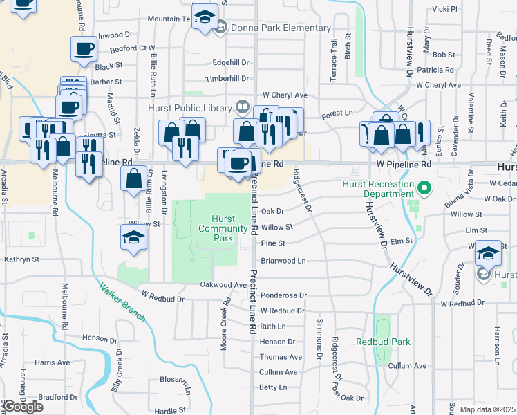 map of restaurants, bars, coffee shops, grocery stores, and more near 752 Oak Dr in Hurst