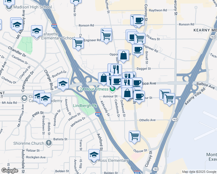 map of restaurants, bars, coffee shops, grocery stores, and more near 7677 Balboa Avenue in San Diego