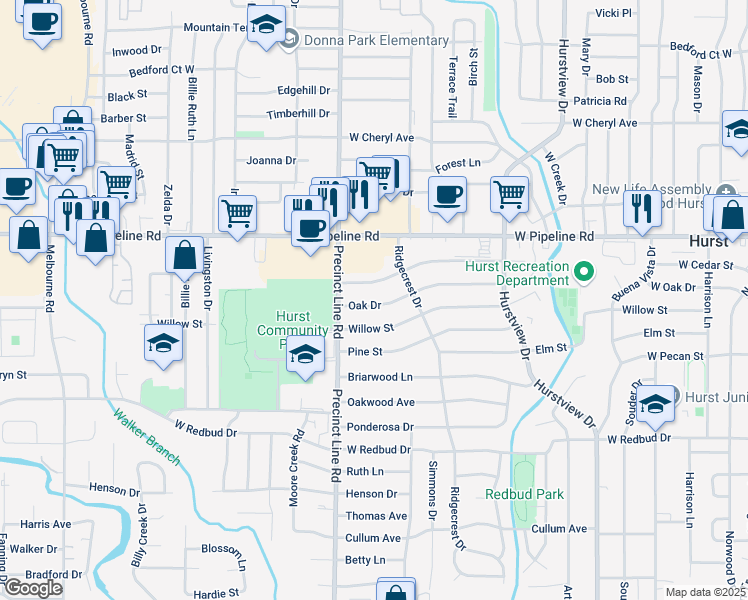 map of restaurants, bars, coffee shops, grocery stores, and more near 728 Oak Dr in Hurst