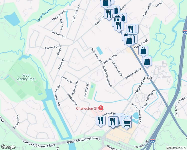 map of restaurants, bars, coffee shops, grocery stores, and more near 1984 Treebark Drive in Charleston