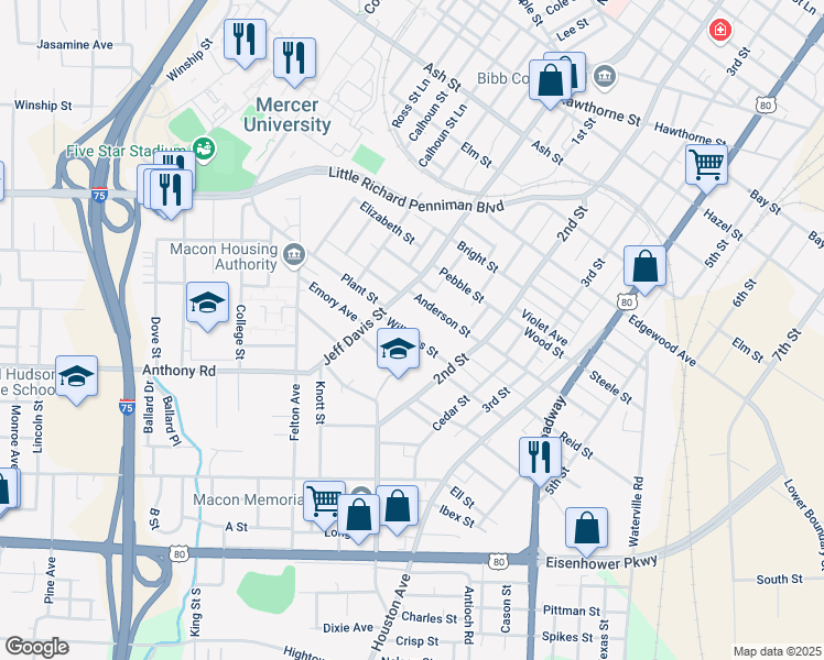 map of restaurants, bars, coffee shops, grocery stores, and more near 703 Williams Street in Macon