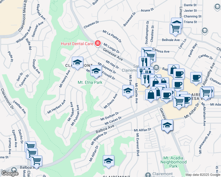map of restaurants, bars, coffee shops, grocery stores, and more near 4944 Mount Elbrus Drive in San Diego