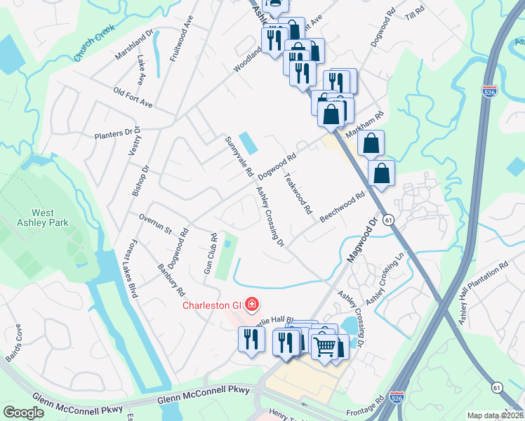 map of restaurants, bars, coffee shops, grocery stores, and more near 1946 Treebark Drive in Charleston