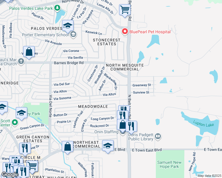 map of restaurants, bars, coffee shops, grocery stores, and more near 4136 Arbor Court in Mesquite