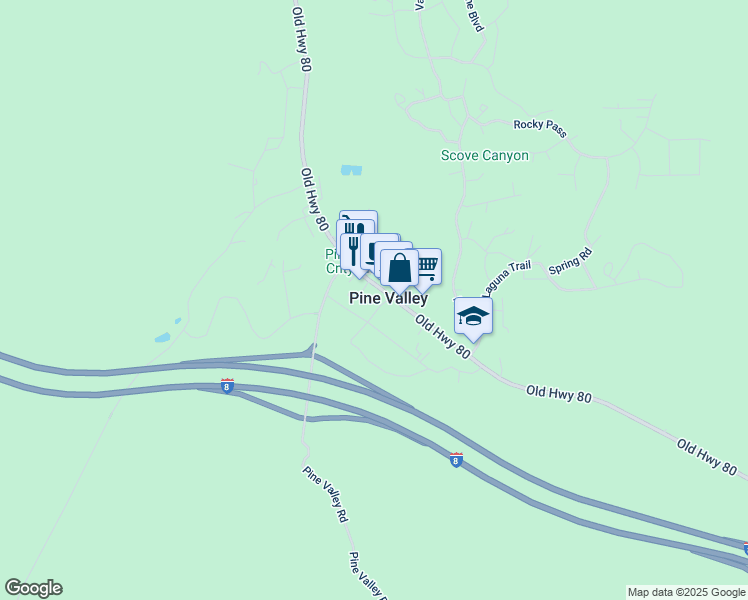 map of restaurants, bars, coffee shops, grocery stores, and more near 28857 Old Highway 80 in Pine Valley