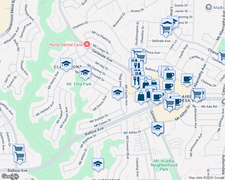 map of restaurants, bars, coffee shops, grocery stores, and more near 5002 Mount Etna Drive in San Diego