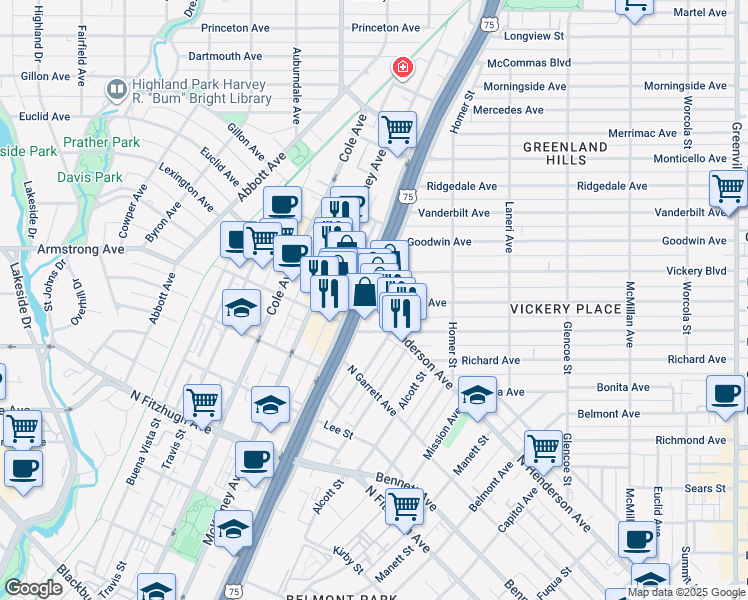 map of restaurants, bars, coffee shops, grocery stores, and more near 3007 North Henderson Avenue in Dallas