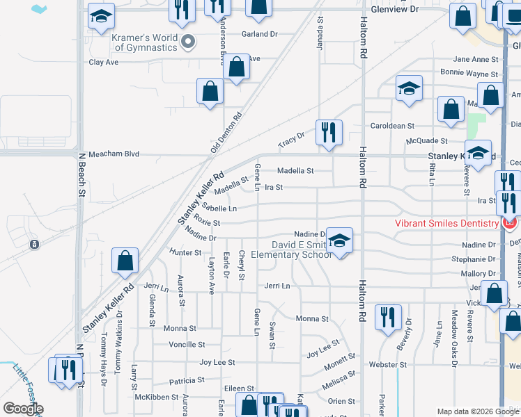 map of restaurants, bars, coffee shops, grocery stores, and more near 4800 Sabelle Lane in Fort Worth