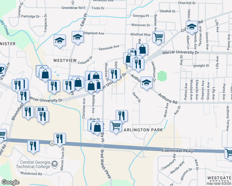 map of restaurants, bars, coffee shops, grocery stores, and more near 1724 Lafayette State in Macon