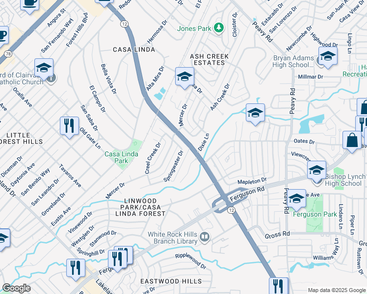 map of restaurants, bars, coffee shops, grocery stores, and more near 9440 Springwater Drive in Dallas