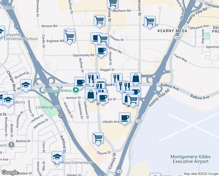 map of restaurants, bars, coffee shops, grocery stores, and more near 7865 Balboa Avenue in San Diego