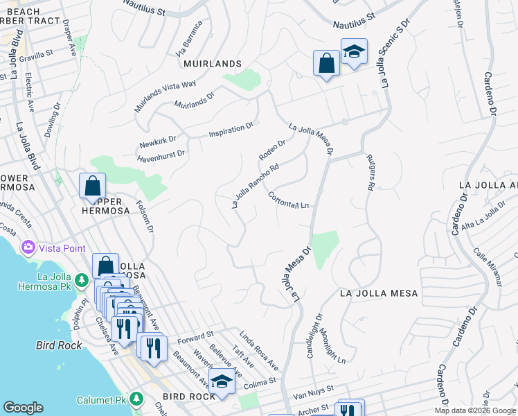 map of restaurants, bars, coffee shops, grocery stores, and more near 5852 Box Canyon Road in San Diego