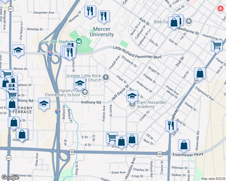 map of restaurants, bars, coffee shops, grocery stores, and more near 2041 Jeff Davis Street in Macon