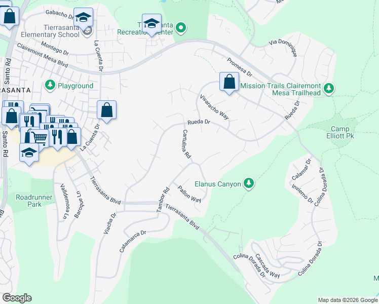 map of restaurants, bars, coffee shops, grocery stores, and more near 4227 Cartulina Road in San Diego