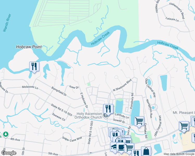 map of restaurants, bars, coffee shops, grocery stores, and more near 31 Robert Mills Circle in Mount Pleasant