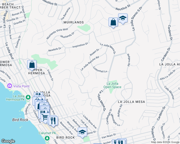 map of restaurants, bars, coffee shops, grocery stores, and more near 5851 Box Canyon Road in San Diego