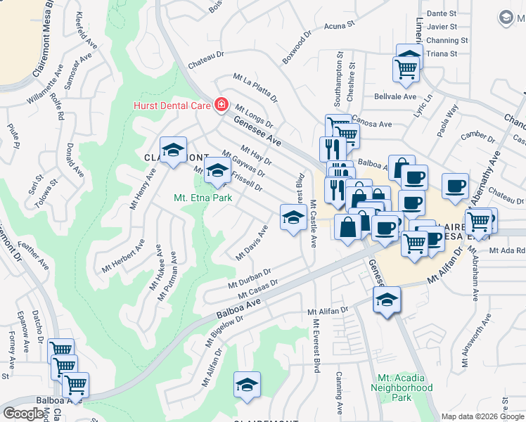 map of restaurants, bars, coffee shops, grocery stores, and more near 4971 Mount Etna Drive in San Diego