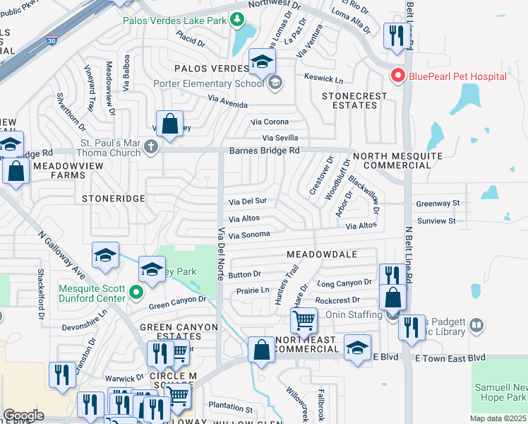 map of restaurants, bars, coffee shops, grocery stores, and more near 617 Via Altos in Mesquite