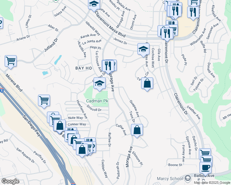 map of restaurants, bars, coffee shops, grocery stores, and more near 4342 Taos Drive in San Diego