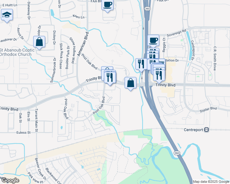 map of restaurants, bars, coffee shops, grocery stores, and more near 13950 Trinity Boulevard in Euless
