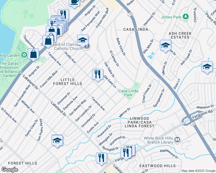 map of restaurants, bars, coffee shops, grocery stores, and more near 9023 San Leandro Drive in Dallas