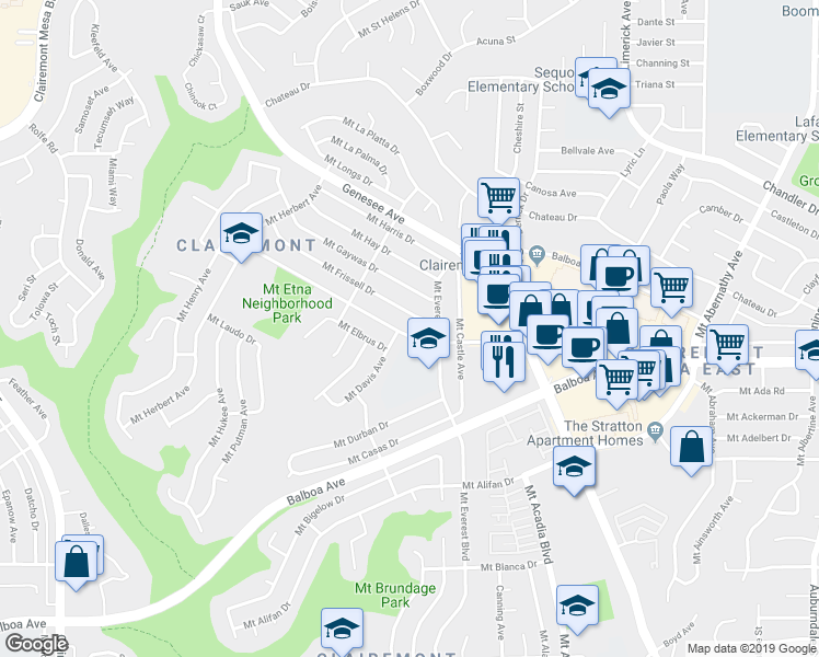 map of restaurants, bars, coffee shops, grocery stores, and more near 5002 Mount Etna Drive in San Diego