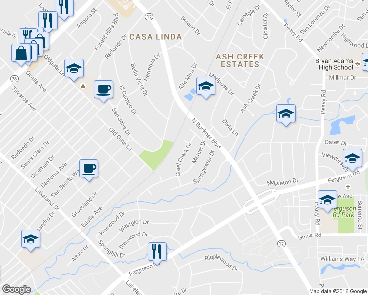 map of restaurants, bars, coffee shops, grocery stores, and more near 9361 Creel Creek Drive in Dallas