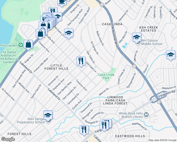 map of restaurants, bars, coffee shops, grocery stores, and more near 9023 San Leandro Drive in Dallas