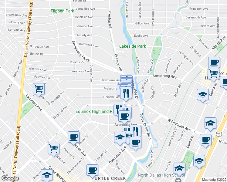 map of restaurants, bars, coffee shops, grocery stores, and more near 4206 Prescott Avenue in Dallas