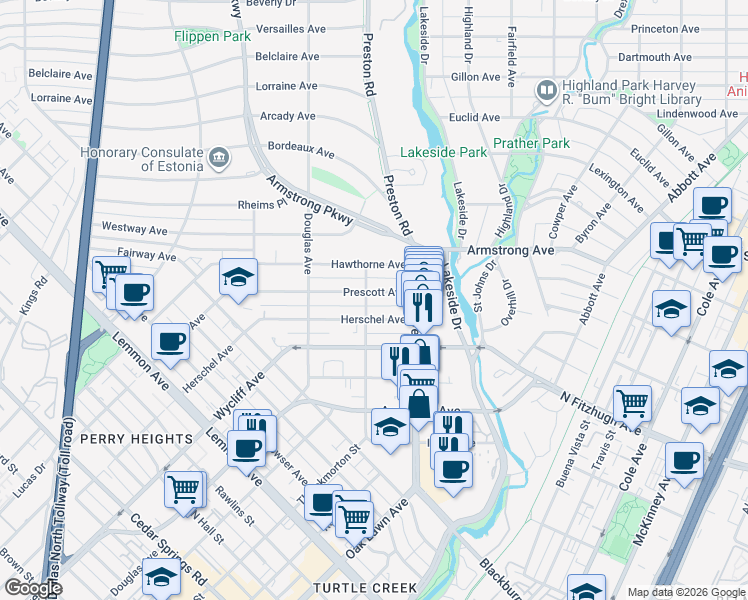 map of restaurants, bars, coffee shops, grocery stores, and more near 4206 Prescott Avenue in Dallas